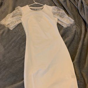 White Mid-Length Dress with Lace Sleeves